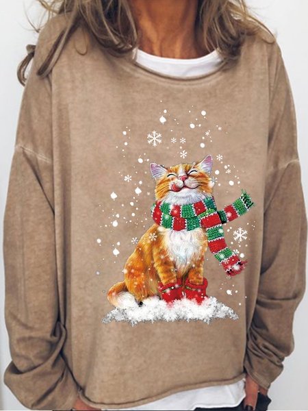 

Womens Christmas Cat Crew Neck Letters Sweatshirt, Light brown, Hoodies&Sweatshirts