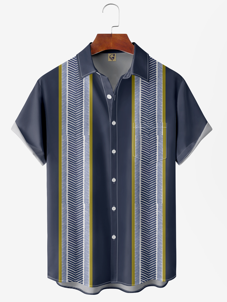 

Contrasting Colors Stripe Texture Short Sleeve Bowling Shirt, Blue, Men Shirts