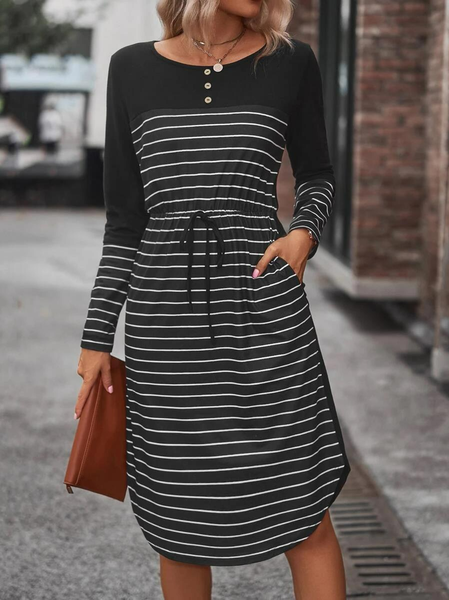 

Casual Striped Print Curved Hem Dress, Black, Mini Dresses