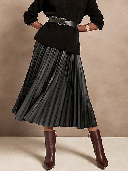 

Mid Waist Elegant Loose A-Line Skirt, Black, Skirts