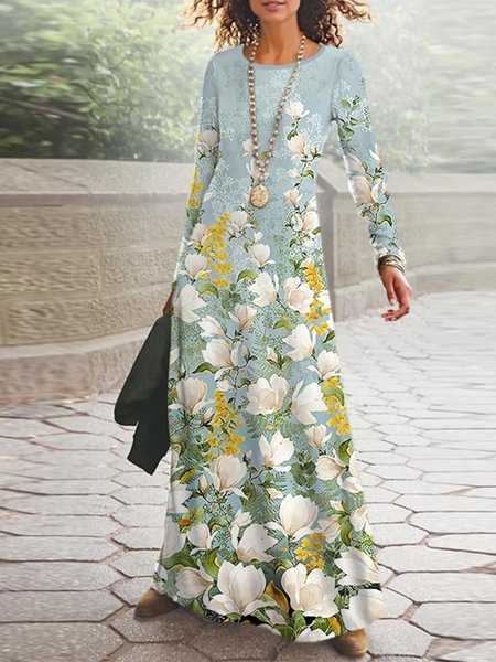 

Crew Neck Casual Floral Loose Dress, Multicolor, Maxi Dresses