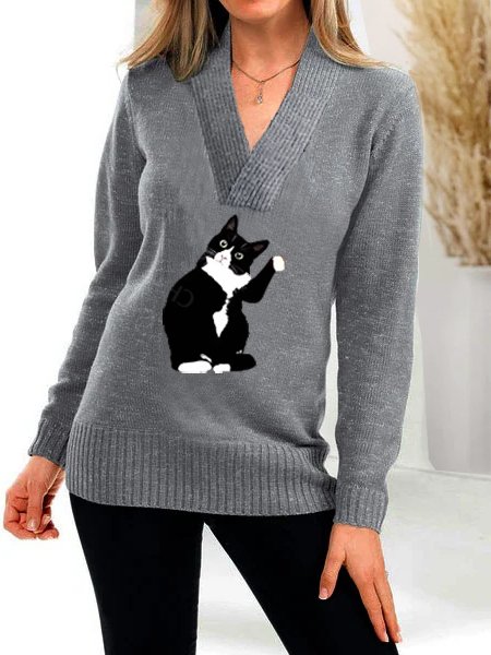 

V Neck Cat Yarn/Wool Yarn Sweater, Gray, Sweaters