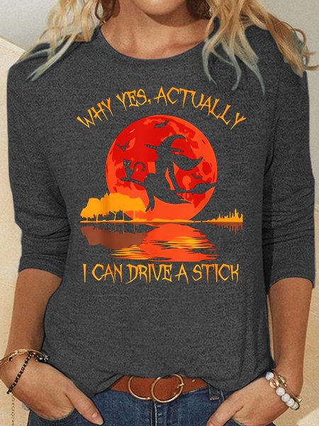 

Women's Yes Actually I Can Drive A Stick Halloween Long Sleeve Top, Gray, Long sleeves
