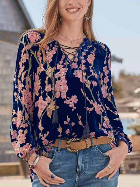 

Boho Floral V Neck Tops, Blue, Tops