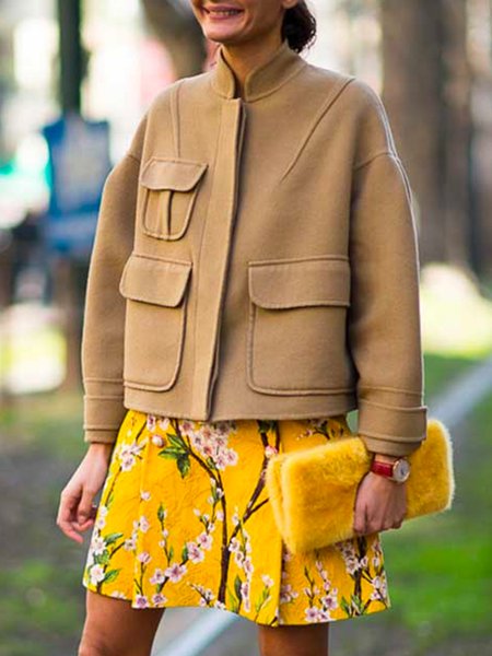 

Loose Stand Collar Plain Pockets Jacket, Khaki, Jackets