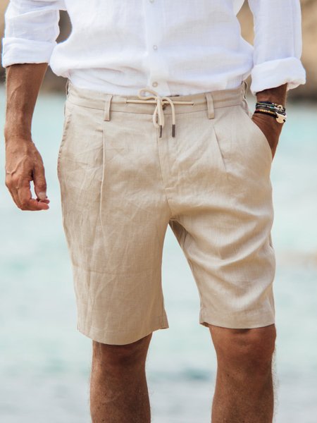

Cotton Drawstring Pleated Shorts, Khaki, Men's shorts