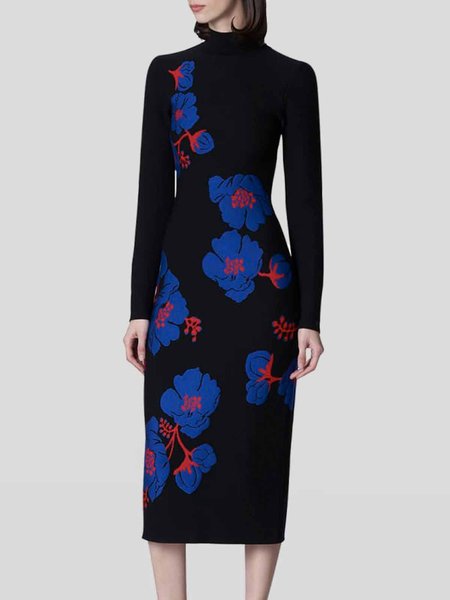 

Turtleneck Long sleeve Regular Fit Elegant Dress, Black, Midi Dresses