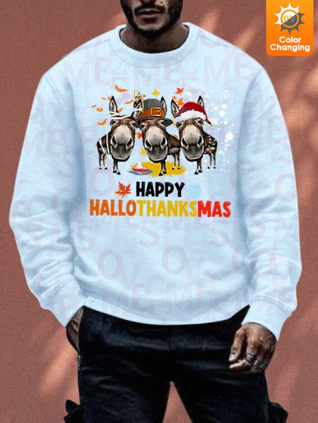 

Unisex Merry Christmas Happy Hallothanksmas Sunlight Sensitive Sweatshirt Casual Loose Crew Neck Couple Outfits, Light blue, Hoodies&Sweatshirts