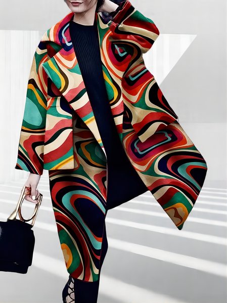 

Long sleeve Loose Chevron Shawl Collar Overcoat, Multicolor, Coats
