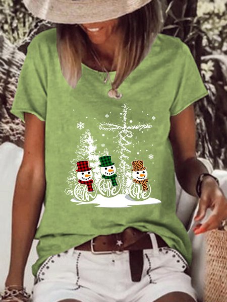 

Women Snowman Christmas Print Simple T-Shirt, Green, T-shirts