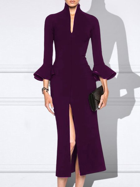 

V Neck Plain Tight Three Quarter Sleeve Midi Dress, Purple, Midi Dresses