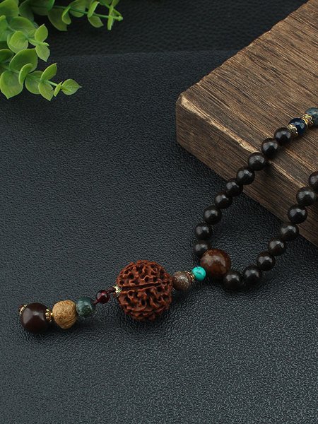 

Casual Wooden Hand Beaded Necklace Retro Ethnic Sweater Chain Jewelry, Brown, Necklaces