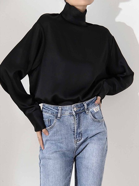 

Daily Turtleneck Long sleeve Regular Fit Blouse, Black, Blouses and Shirts