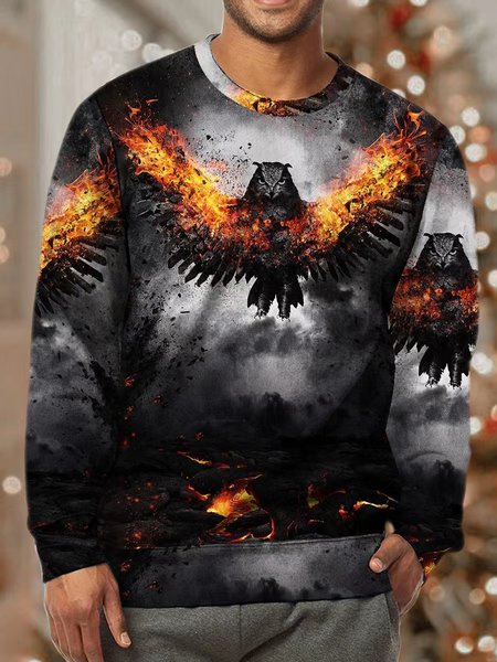 

Men Owl Fire Animal Pattern Loose Sweatshirt, As picture, Hoodies&Sweatshirts
