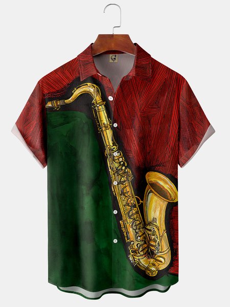 

Saxophone Chest Pocket Short Sleeve Shirt, Green, Men Shirts