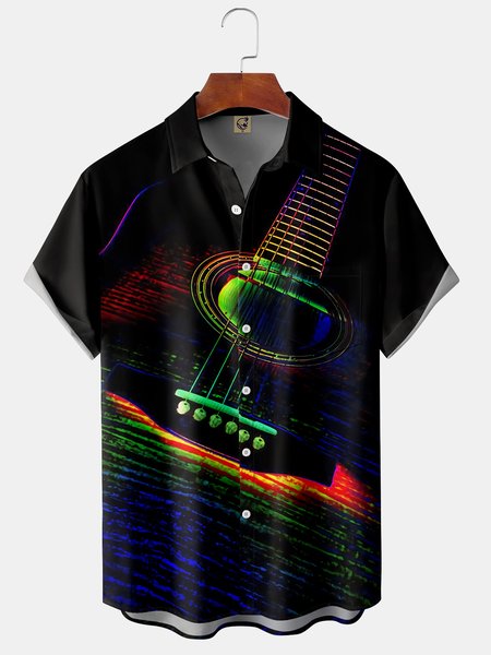 

Guitar Chest Pocket Short Sleeve Resort Shirt, Black, Men Shirts