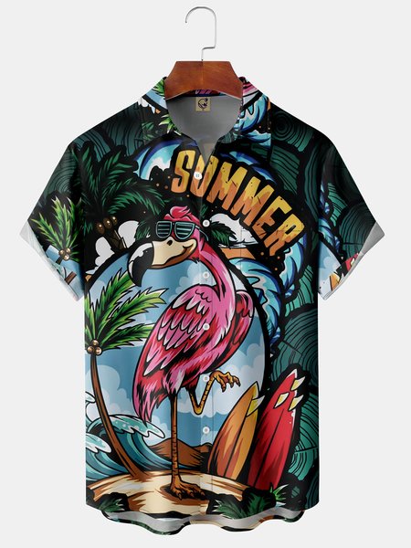 

Beach Flamingo Breast Pocket Short Sleeve Hawaiian Shirt, Dark green, Men Shirts