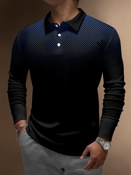

Gradient Block Buttons Long Sleeve Polo, Black, Polo Shirts