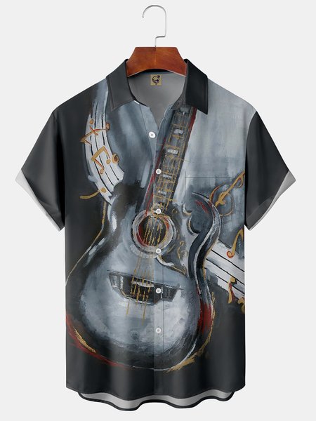 

Guitar Chest Pocket Short Sleeve Shirt, Blue, Men Shirts