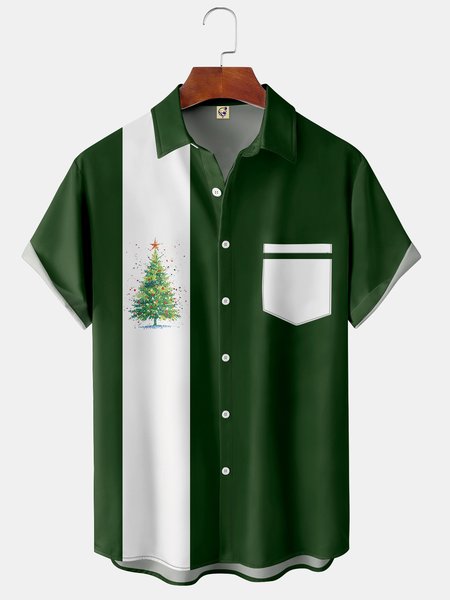 

Christmas Tree Chest Pocket Short Sleeve Bowling Shirt, Green, Men Shirts