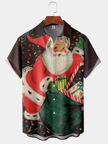 

Christmas Santa Claus Chest Pocket Short Sleeve Shirt, Brown, Men Shirts