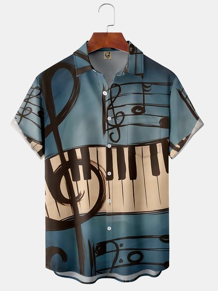 

Music Chest Pocket Short Sleeve Shirt, Blue, Men Shirts