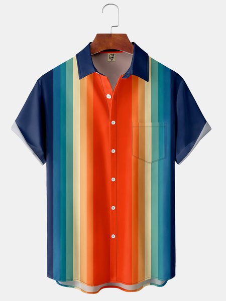 

Contrast Color Stripes Chest Pocket Short Sleeve Bowling Shirt, Blue, Men Shirts