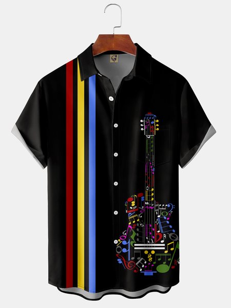 

Music Guitar Chest Pocket Short Sleeve Bowling Shirt, Black, Men Shirts
