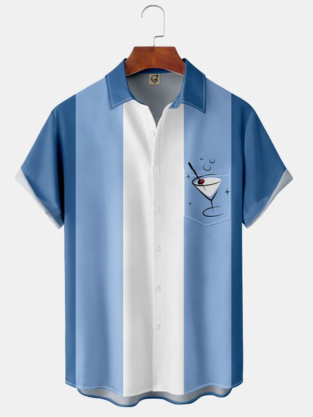 

Cocktail Chest Pocket Short Sleeve Bowling Shirt, Blue, Men Shirts