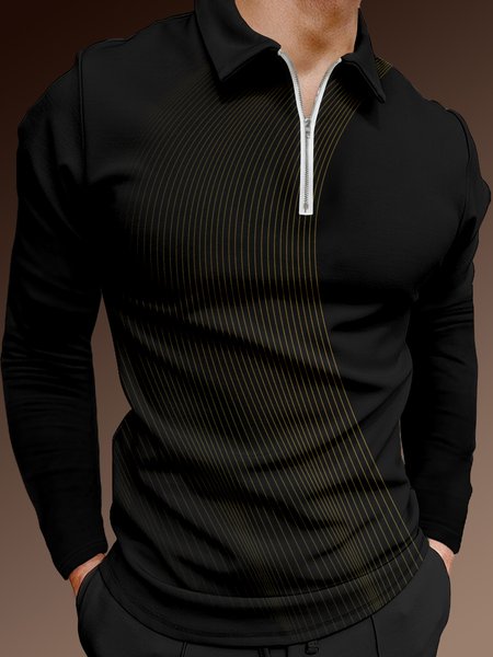 

Gold Striped Zip Long Sleeve Polo, Black, Men's t-shirts