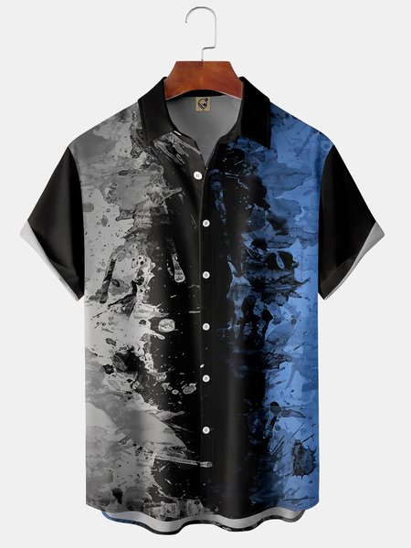 

Pattern Color Block Chest Pocket Short Sleeve Shirt, Black, Men Shirts