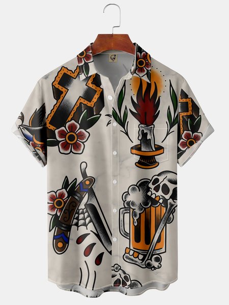 

Tattoo Skull Chest Pocket Short Sleeve Aloha Shirt, Gray, Men Shirts
