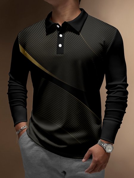 

Striped Buttons Long Sleeve Polo, Black, Men's t-shirts