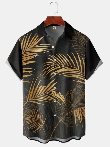 

Palm Leaf Chest Pocket Short Sleeve Hawaiian Shirt, Black, Men Shirts