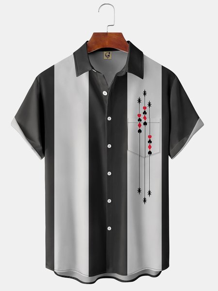 

Poker Symbols Chest Pocket Short Sleeve Bowling Shirt, Deep gray, Men Shirts