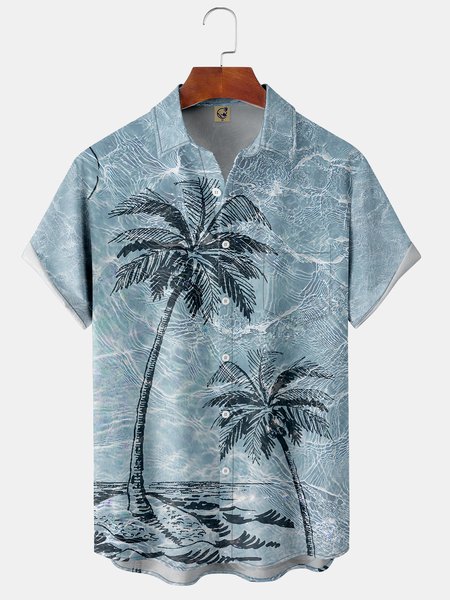 

Waves Coconut Tree Chest Pocket Short Sleeve Hawaiian Shirt, Blue, Men Shirts