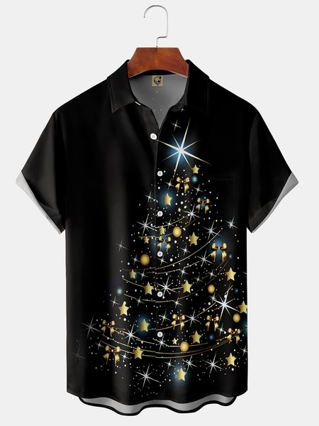 

Christmas Tree Chest Pocket Short Sleeve Shirt, Black, Men Shirts