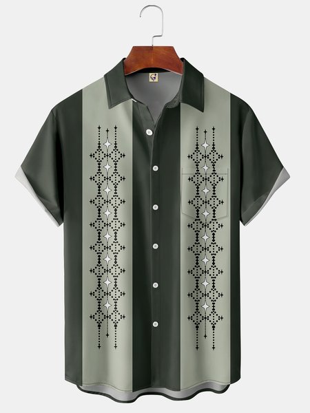 

Custom Geomatric Chest Pocket Guayabera Estable Shirt, Green, Men Shirts