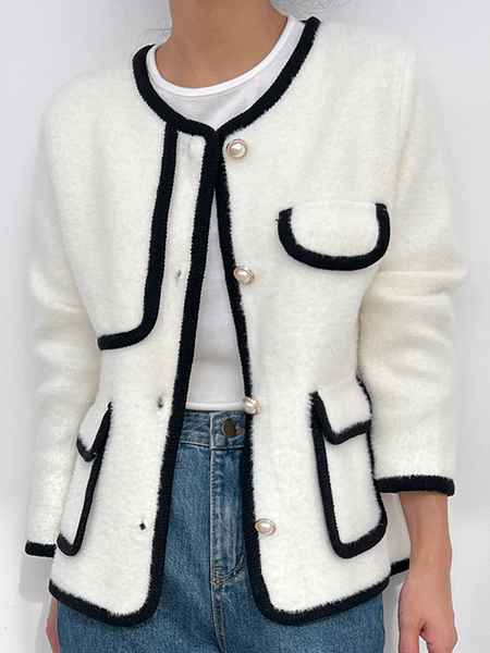 

High Elasticity Crew Neck Loose Long sleeve Sweater Coat, Black-white, Cardigans