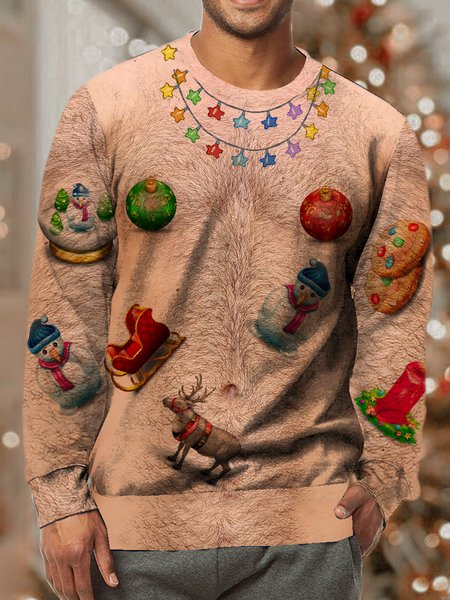 Mens Funny Christmas Ugly Hairy Cute Muscle 3D Print Crew Neck Casual Sweatshirt, As picture, Hoodies&Sweatshirts