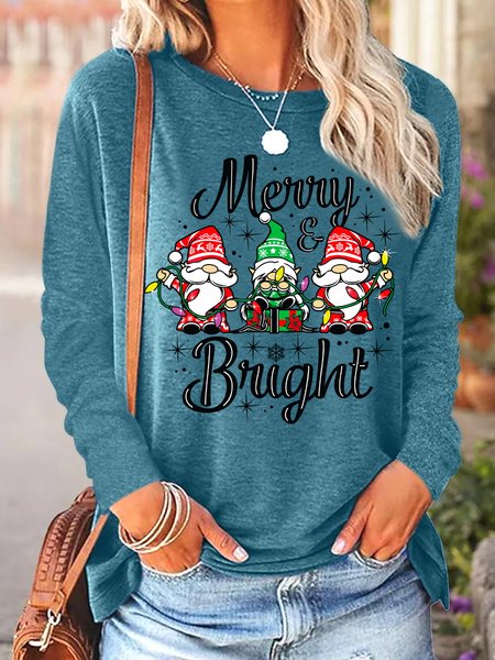 

Women Merry And Bright Christmas Gnome Crew Neck Long sleeve Top, Green, Long sleeves