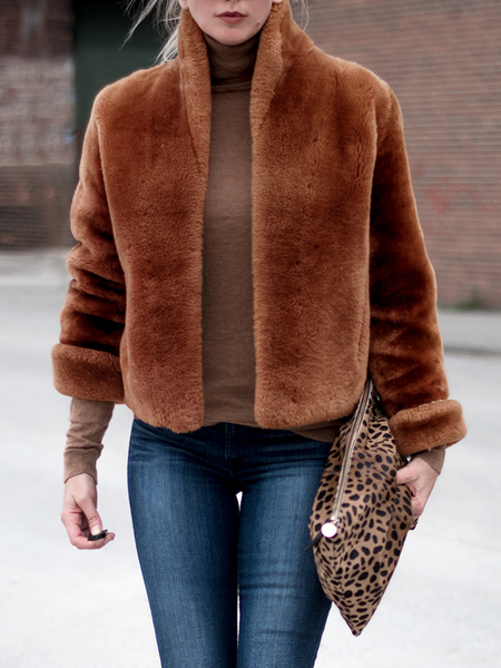 

Stand Collar Loose Plain Stand Collar Long sleeve Jacket, Brown, Jackets