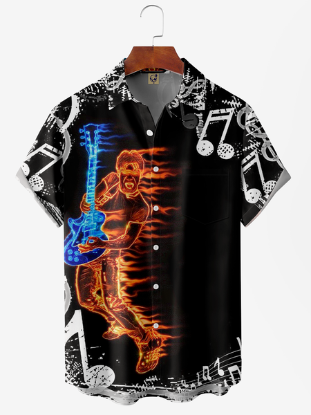 

Rock Roll Music Guitar Chest Pocket Short Sleeve Casual Shirt, Black, Men Shirts