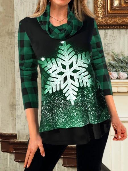 

Christmas Snowflake Double Hem Loose Top, Green, Tops