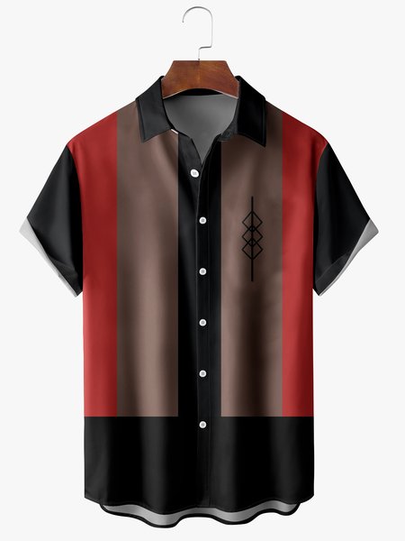 

Geometry Color block Short Sleeve Bowling Shirt, Black, Men Shirts