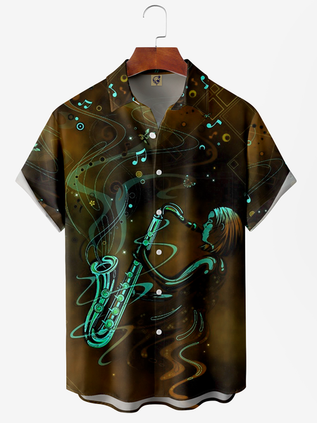 

Music Guitar Chest Pocket Short Sleeve Casual Shirt, Coffee, Men Shirts