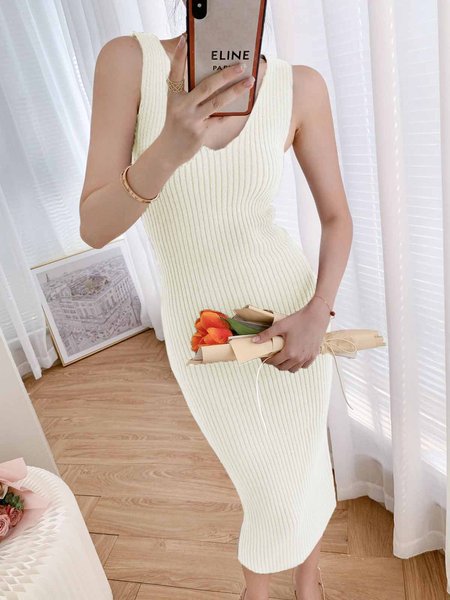 

Sleeveless Daily V Neck Simple Plain Dress, White, Midi Dresses