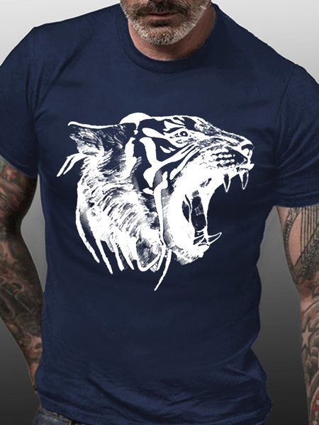 

Mens Grumpy Tiger Graphic Print Cotton Crew Neck Tiger T-Shirt, Purplish blue, T-shirts