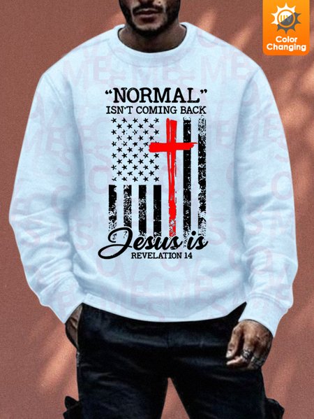 

Unisex Normal Isn't Coming Back Jesus Sunlight Sensitive Sweatshirt Text Letters Casual Crew Neck Couple Outfits, Light blue, Hoodies&Sweatshirts