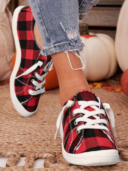 

Christmas Plaid Furry Lined Sneakers, Red-black, Sneakers